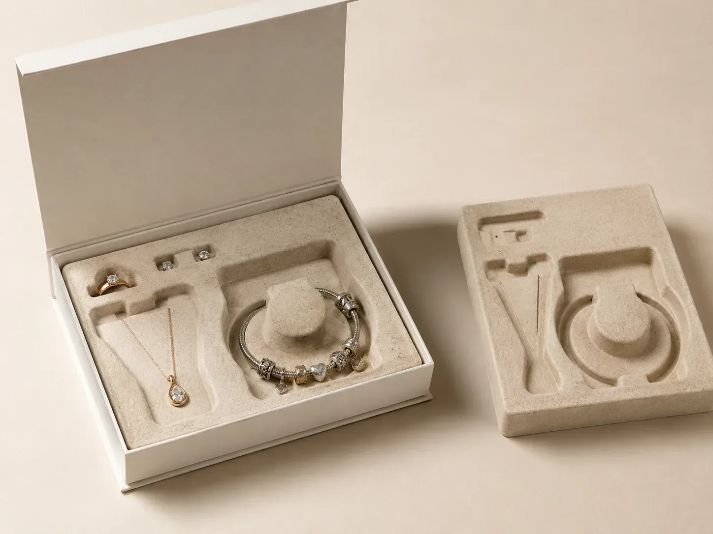 Molded pulp insert for jewelry packaging.