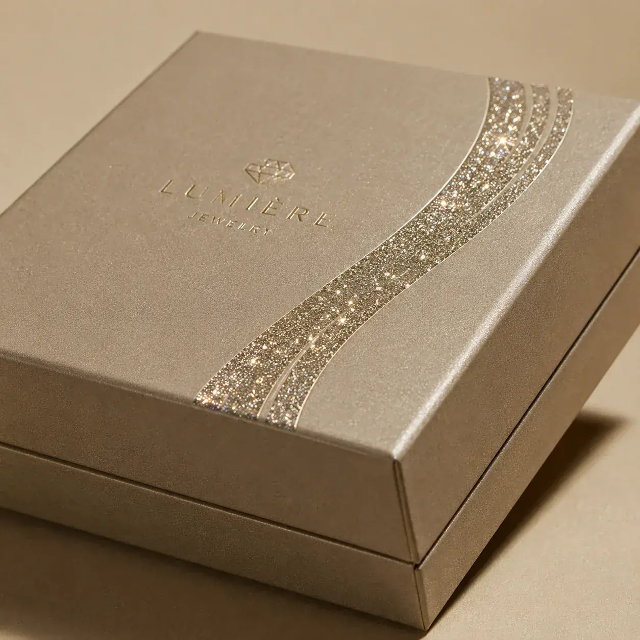 Glitter UV finish on jewelry packaging.