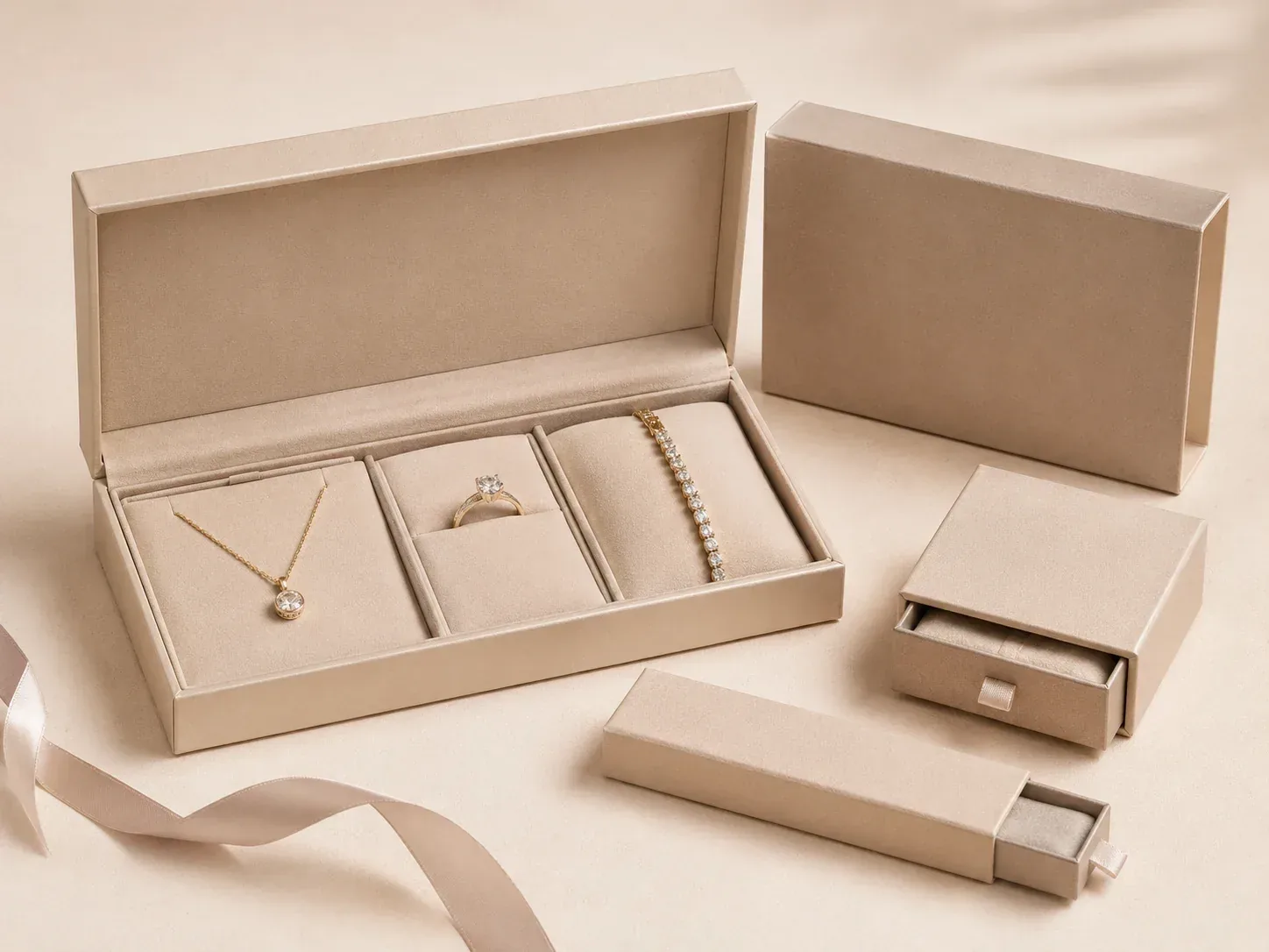 Jewelry set packaging with organized inserts.