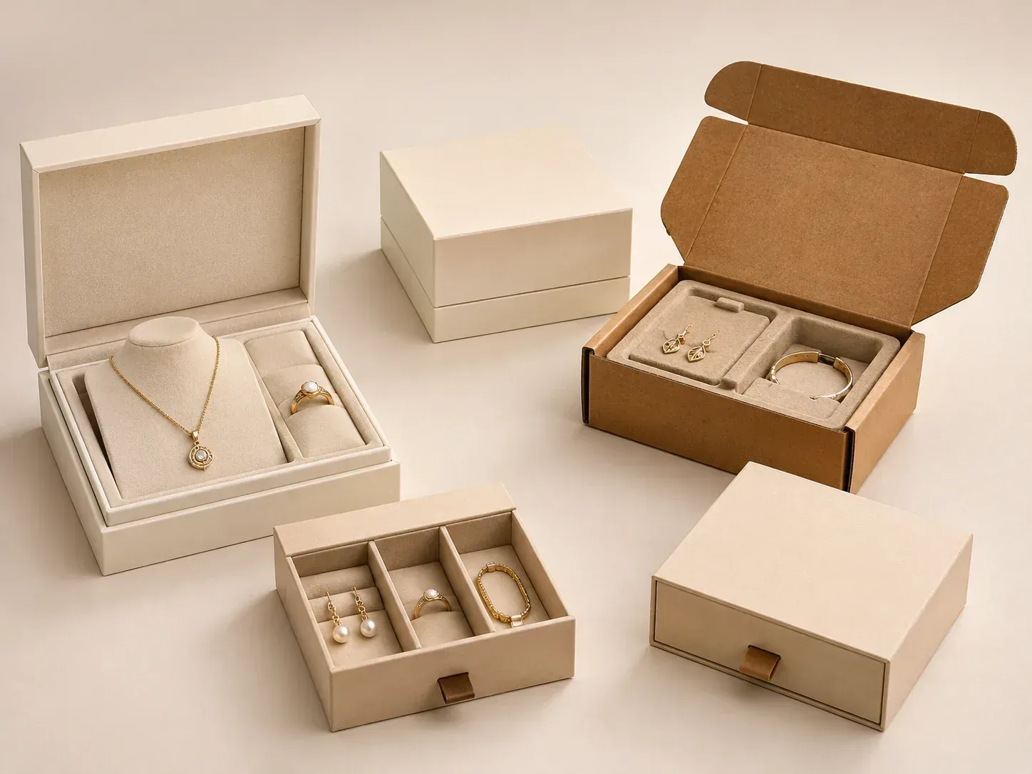 Custom jewelry packaging boxes with protective inserts for rings, necklaces, bracelets, and watches.