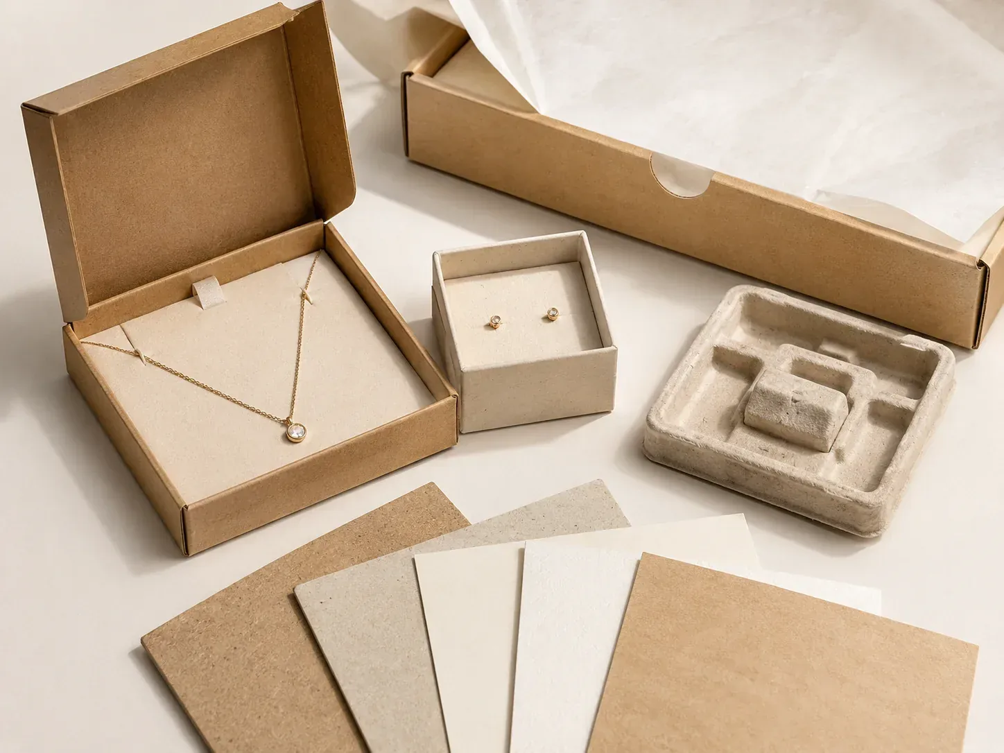 Paper-based jewelry packaging with kraft box and inserts.