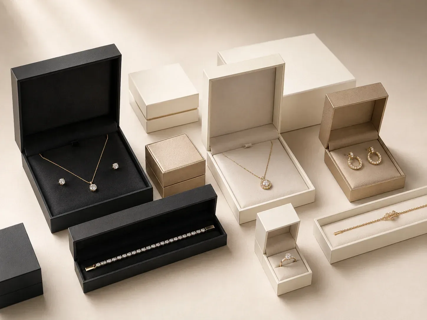 Luxury jewelry collection packaging.