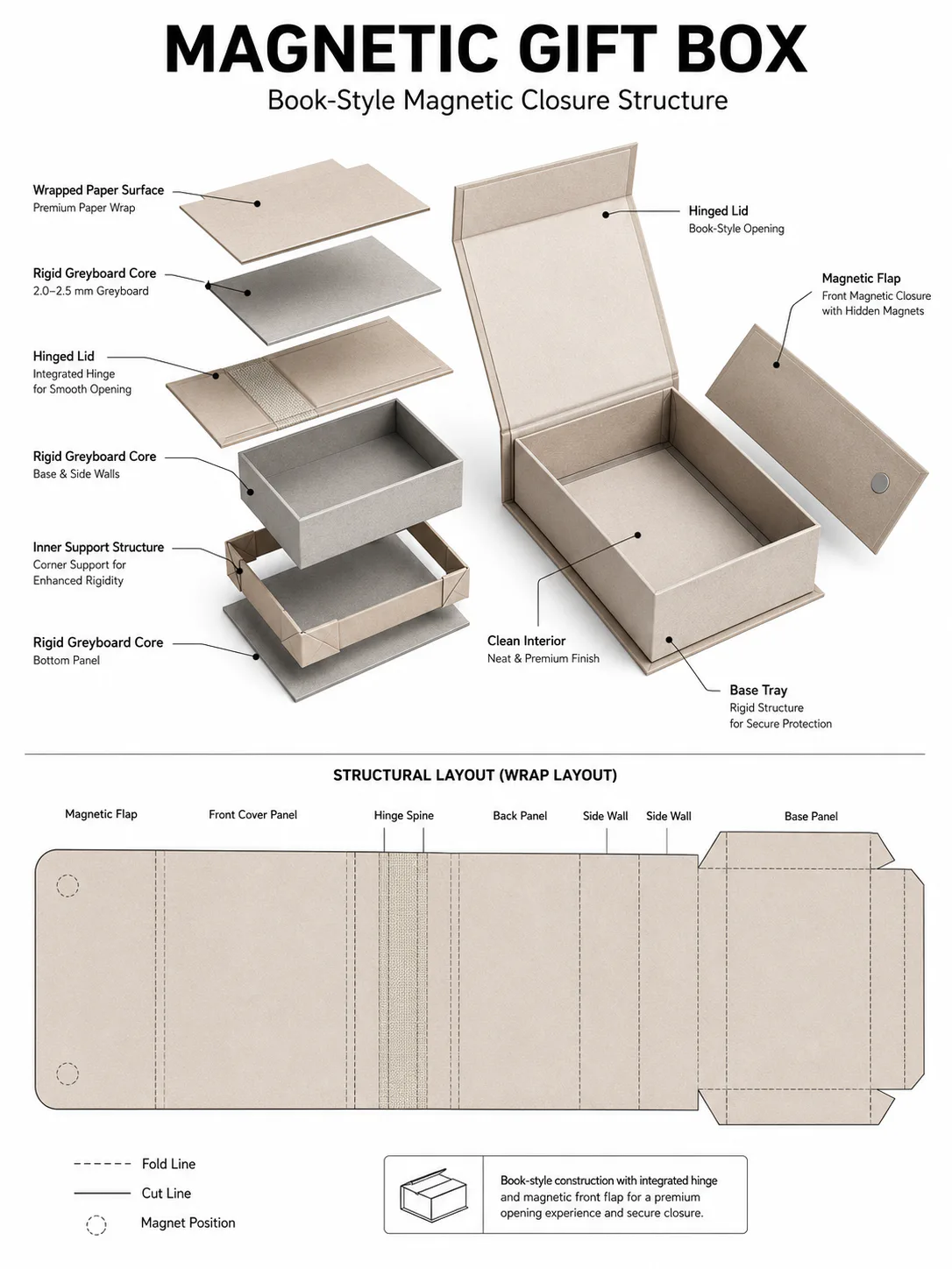 Structural exploded diagram of custom magnetic gift box with inserts and layers